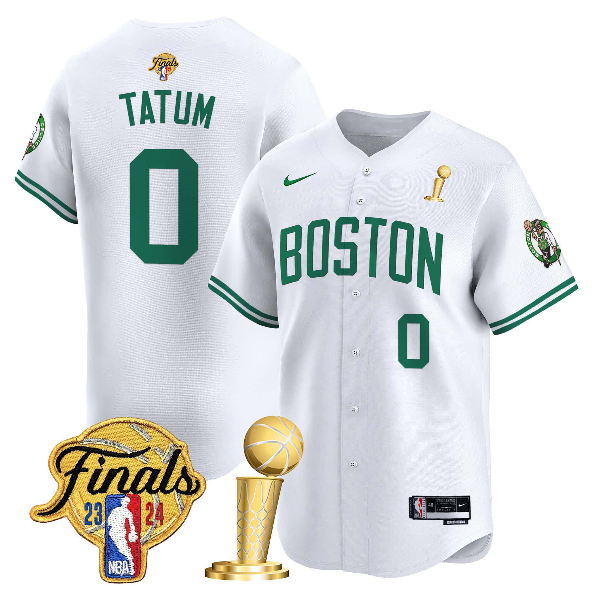 Men Boston Celtics 0 Tatum White 2024 Nike Final & Champions Patch Baseball NBA Jersey